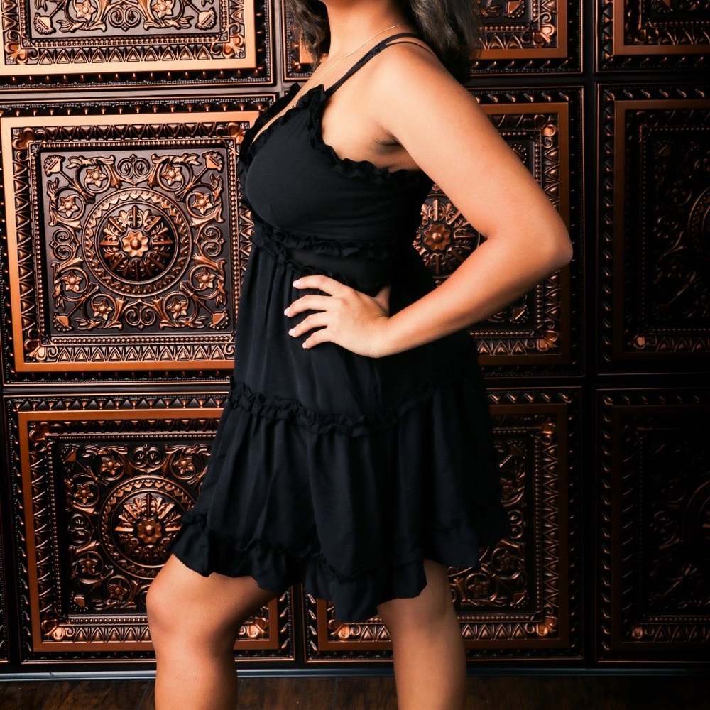 Black ruffled mini dress